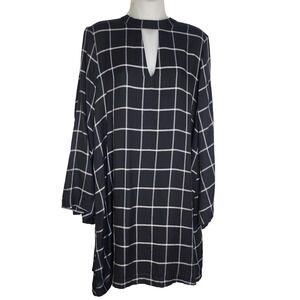 Ann Taylor Loft Shift Dress Medium Black Gray Windowpane Plaid Keyhole Choker